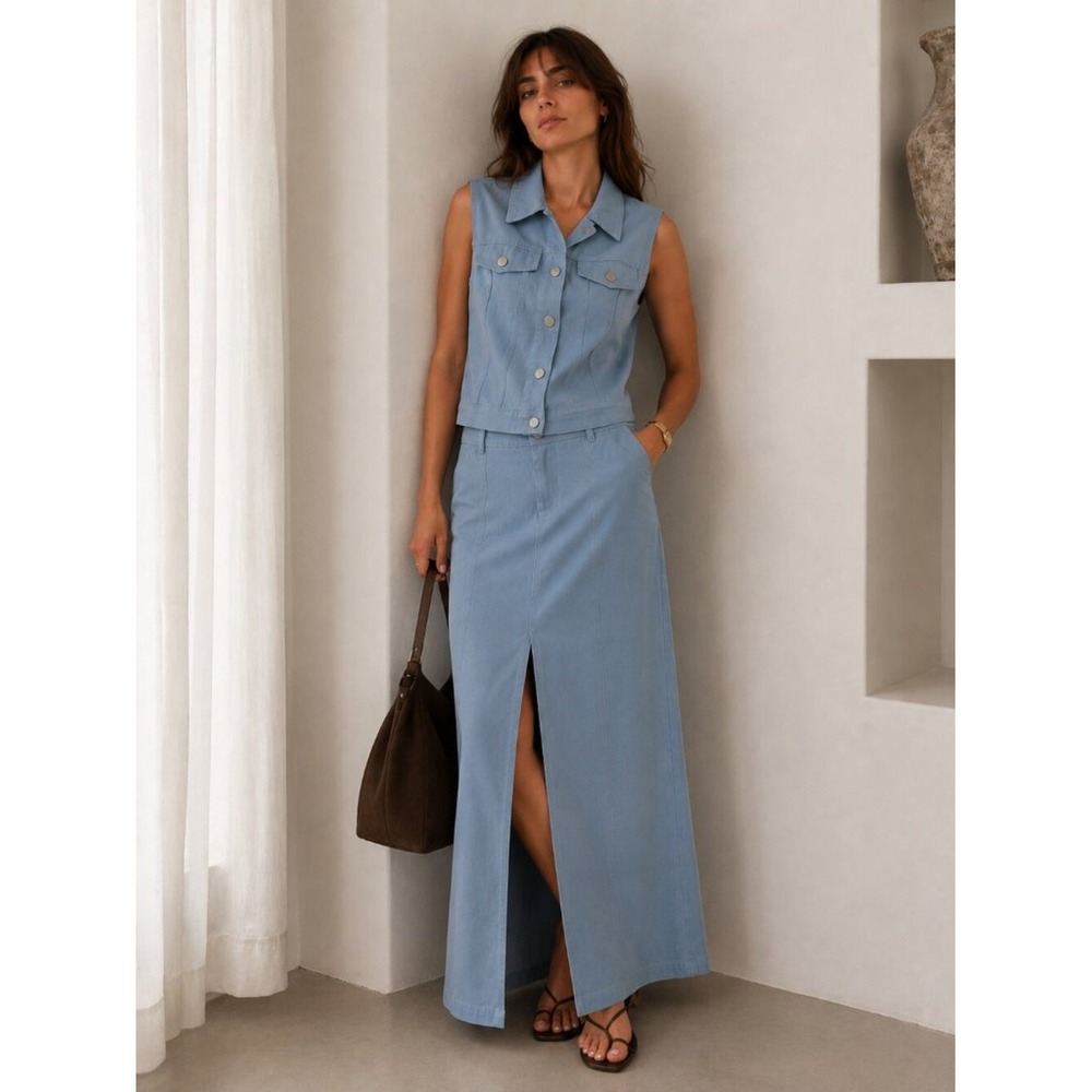 NWT Idem Ditto Denim Vest & Maxi Skirt Set Small 2 Piece Cotton Matching Set